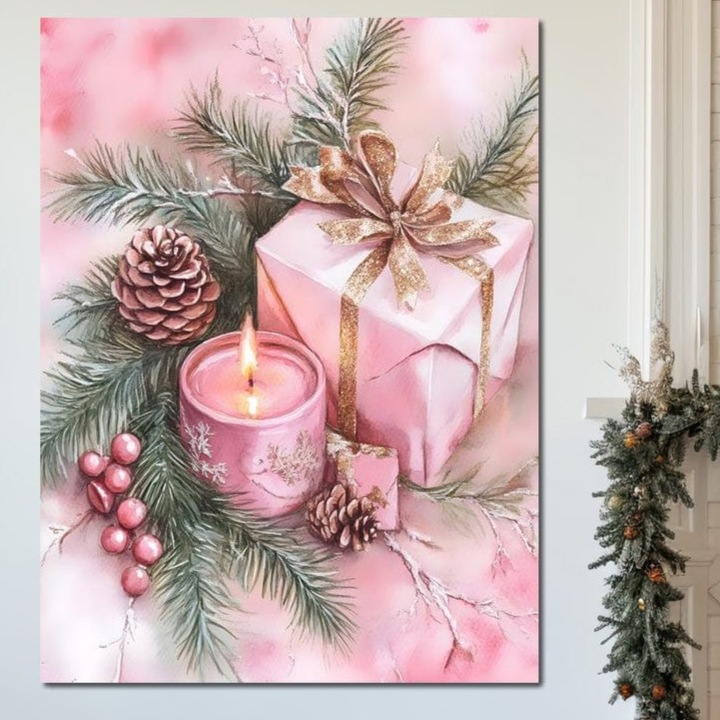 Tablou Canvas Premium, LuxCanva® D1077, Freamat de Sarbatoare, 75 X 100 CM, Panza Bumbac 100% 400g/m2, Sasiu, Lemn, Daruri, Roz, Simboluri, Traditional, Farmec, Con, Brad, Ramuri, Lumanare, Aprinsa, Funda, Auriu, Masa, Camera Copil, Living, Dormitor