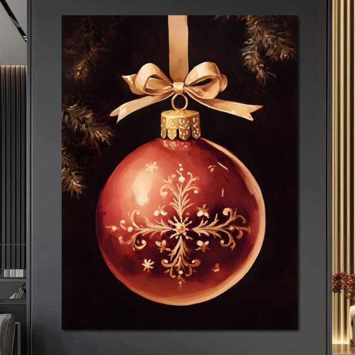 Tablou Canvas Premium, LuxCanva® D1079, Simbol Regal, 90 X 120 CM, Panza Bumbac 100% 400g/m2, Sasiu, Lemn, Rosu, Festiv, Funda, Aurie, Traditie, Ornament, Detaliu, Lux, Povestire, Anotimp, Frig, Brad, Eleganta, Impodobit, Camera Copil, Living, Dormitor