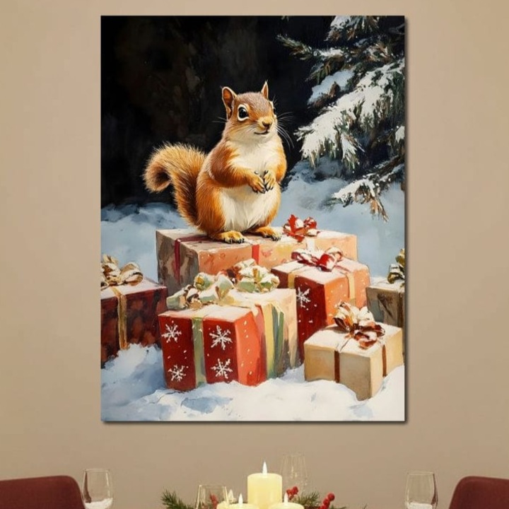 Tablou Canvas Premium, LuxCanva® D1072, Paznicul Cadourilor, 75 X 100 CM, Panza Bumbac 100% 400g/m2, Sasiu, Lemn, Veverita, Cutii, Ambalaj, Daruire, Zapada, Brad, Natura, Iarna, Surpriza, Animal, Jucaus, Padure, Salbatic, Camera Copil, Living, Dormitor