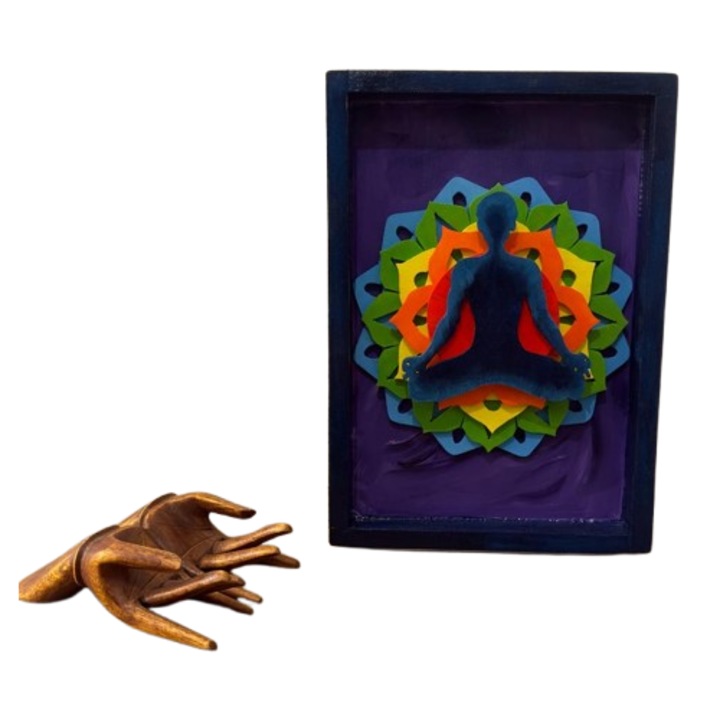 Tablou 3D din lemn "7 Chakre", UNOOA Carving Art, 39.7x21x2.8cm, cu rama, pentru meditatie