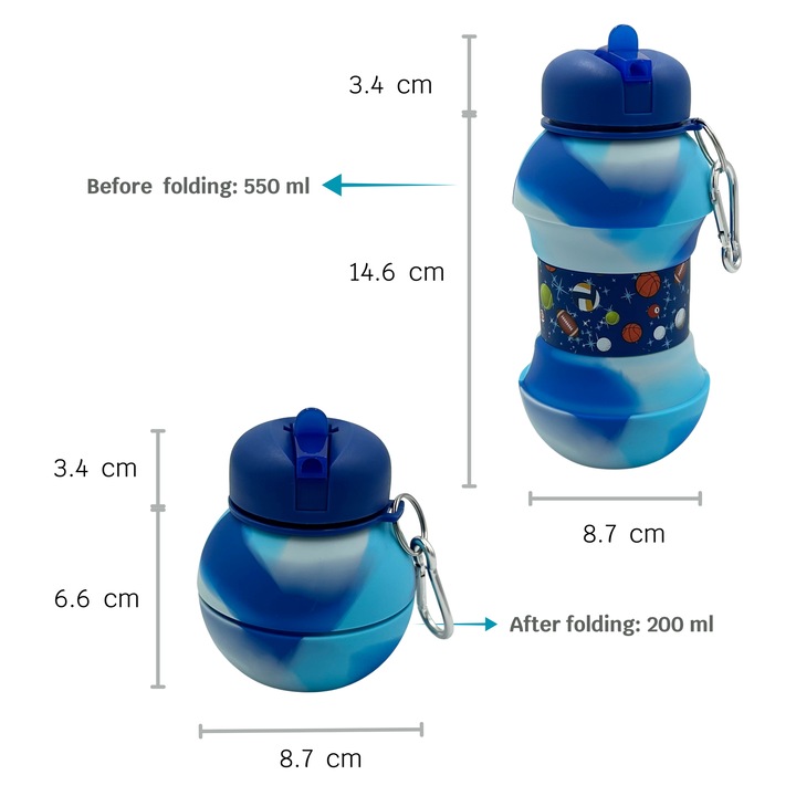 Sticla pentru apa, pliabila, din silicon fara BPA, cu carabina de prindere, model albastru cu mingi, 550 ml