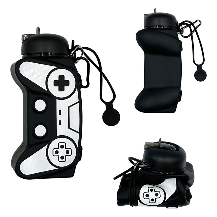 Сгъваема бутилка за вода от силикон без BPA, с карабинер и каишка за прикрепване, геймърски модел, черно с бяло, 600 мл