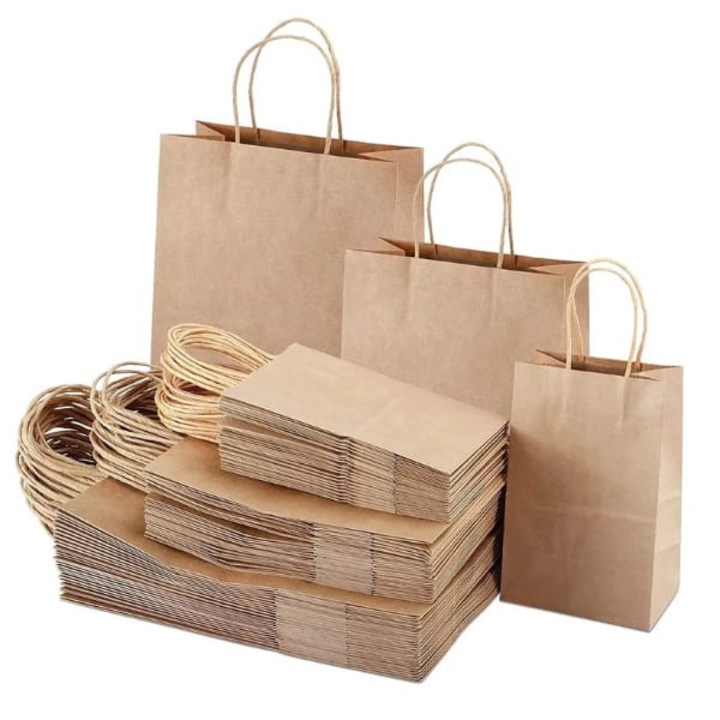 Set 100 pungi hartie natur cu maner sfoara 25x14x30cm