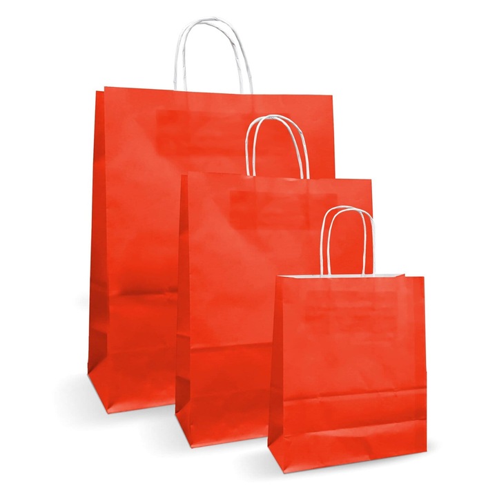 Set 100 pungi din hartie rosie 20x9x25cm, reciclabile, cu maner rasucit
