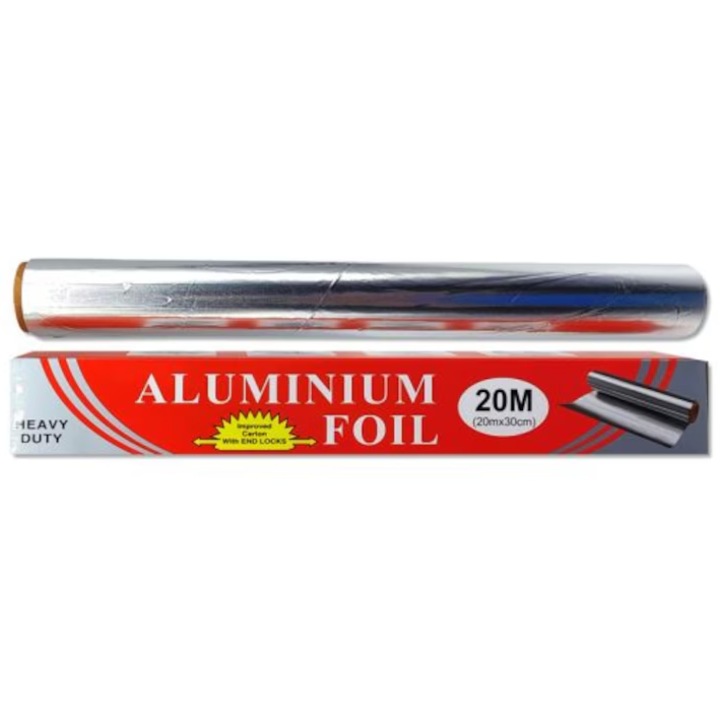 Folie alimentară aluminiu extra groasă 30cm x 20m, rezistentă termică, ambalaj roșu