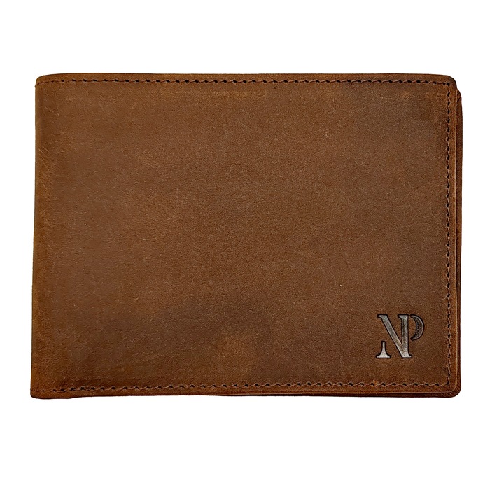 Мъжки портфейл NP slim кафяв с RFID защита от естествена кожа, с джоб за лична карта и 10 карти