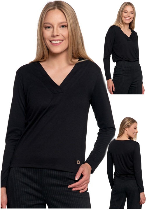 Bluza dama maneca lunga decolteu V decorativ negru, Negru