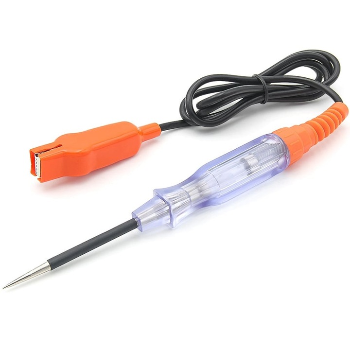 Lampa tester circuite auto Techstar 85076A, 6–24V DC, LED polaritate rosu/verde, sonda metalica, clema crocodil, siguranta fuzibila, pentru auto/moto/camioane