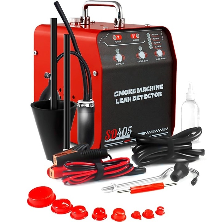 Detector scurgeri cu fum Solary SD405 – aparat de depistare a pierderilor in EVAP/admisie/evacuare, 12V DC, debit 8 L/min, presiune 18–23 psi, protectie supraincalzire, set complet de adaptoare