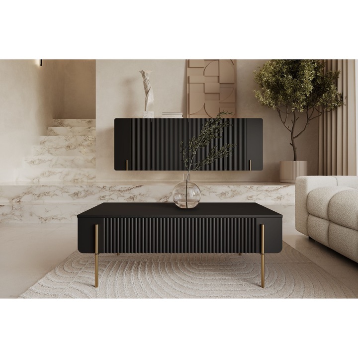 Masa de cafea, Bogart, Malmi, negru, 100x60x40cm, cu 2 suflade, picioare aurii