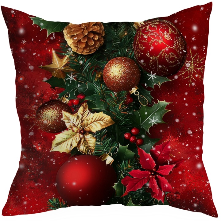 Fata de perna decorativa HomeView, 45x45 cm, poliester, imprimeu de iarna, Craciun, certificata OEKO-TEX STANDARD 100, model 356