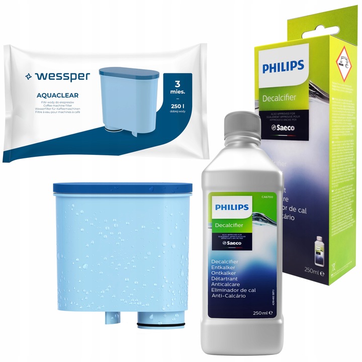 Set filtrare apă Wessper AquaClear și detartrant Philips 250ml pentru espressoare, 300 litri, alb