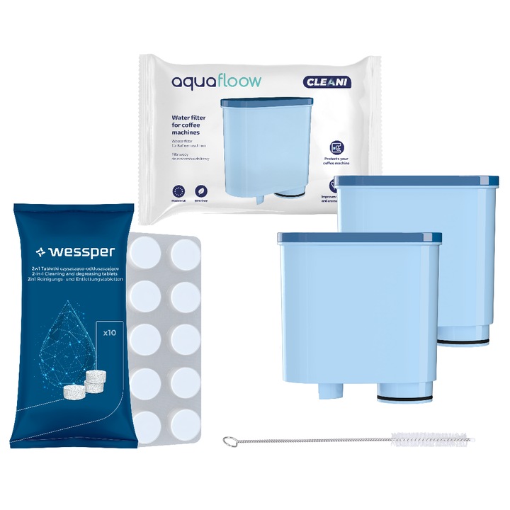 Set de intretinere pentru aparat de cafea Aquafloow, 2x filtre AquaClean, tablete de curatare Wessper, perie curatare, pentru espressoare Philips/Saeco