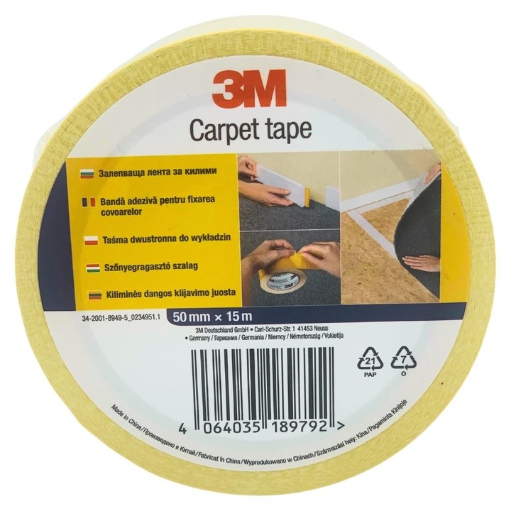Banda Adeziva 3M Carpet Tape, 50 mm x 15 Metri, Galben, Pentru Mocheta