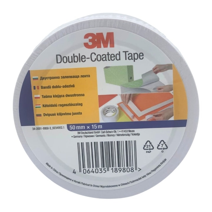 Banda Adeziva 3M Double-Coated Tape, 50 mm x 15 Metri, Alb, Dublu Adeziva