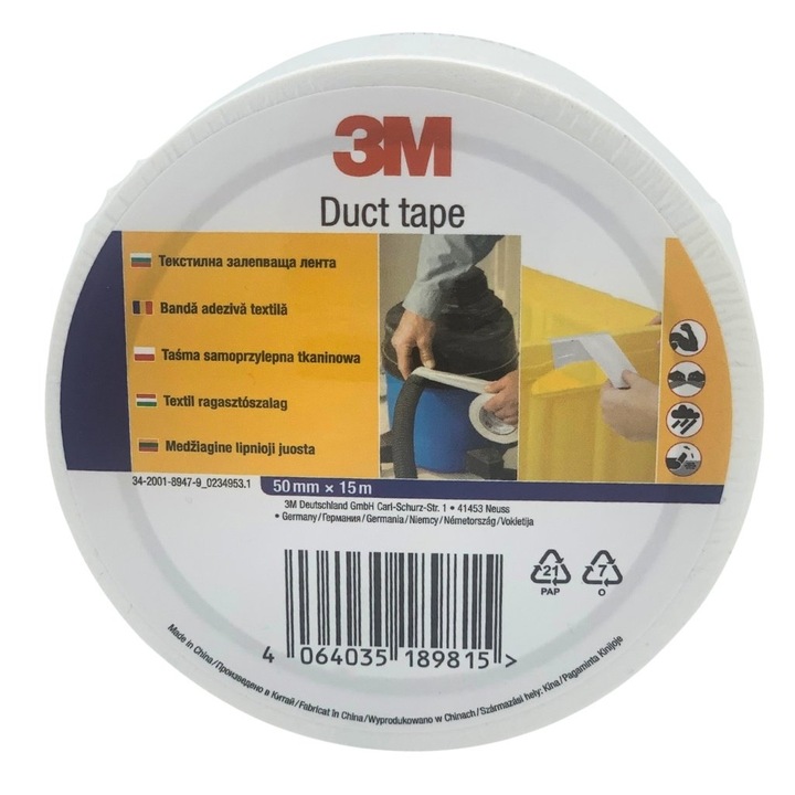Banda Adeziva 3M Duct Tape, 50 mm x 15 Metri, Alb, Pentru Reparatii
