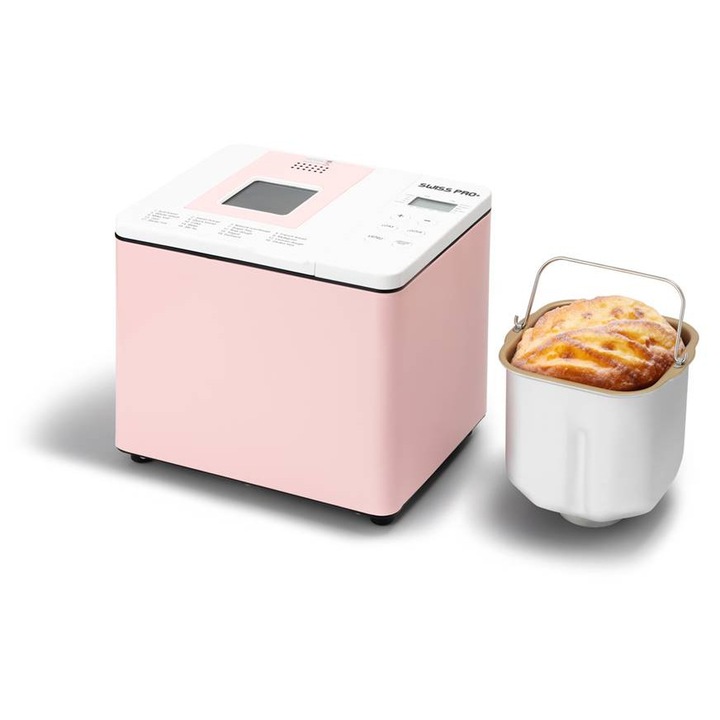 Masina de facut paine Swiss Pro + SP-BM550P, Culoare Roz cu 19 programe automate de coacere, temporizator programabil cu niveluri de rumenire reglabile si functie de mentinere la cald