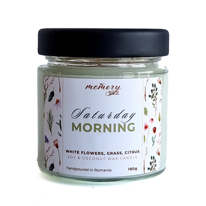 Lumanare parfumata decorata din soia si cocos cu fitil din bumbac, MemoryBox, Sunday morning, Cearceafuri proaspete, Flori albe, Iarba verde, Handmade, Ceara naturala, ardere 45h, 180g
