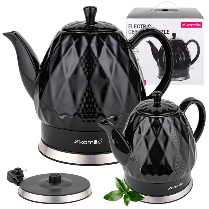 Чайник Kamille, безжичен, електрически, керамичен, 1500W, 1,5L, черен, 22x22x25см
