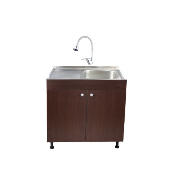 Set Masca Chiuveta Wenghe 80 cm X 50 cm X 80 cm, chiuveta inox cuva dreapta, baterie lebada flexibila si sifon scurgere