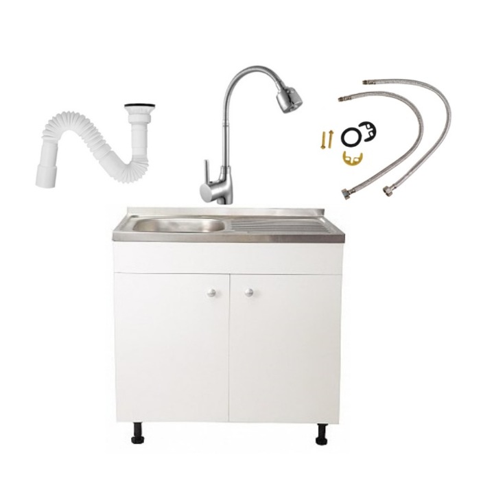 Set Masca Chiuveta Alba 80 cm X 50 cm X 80 cm, chiuveta inox cuva stanga, baterie lebada flexibila si sifon scurgere