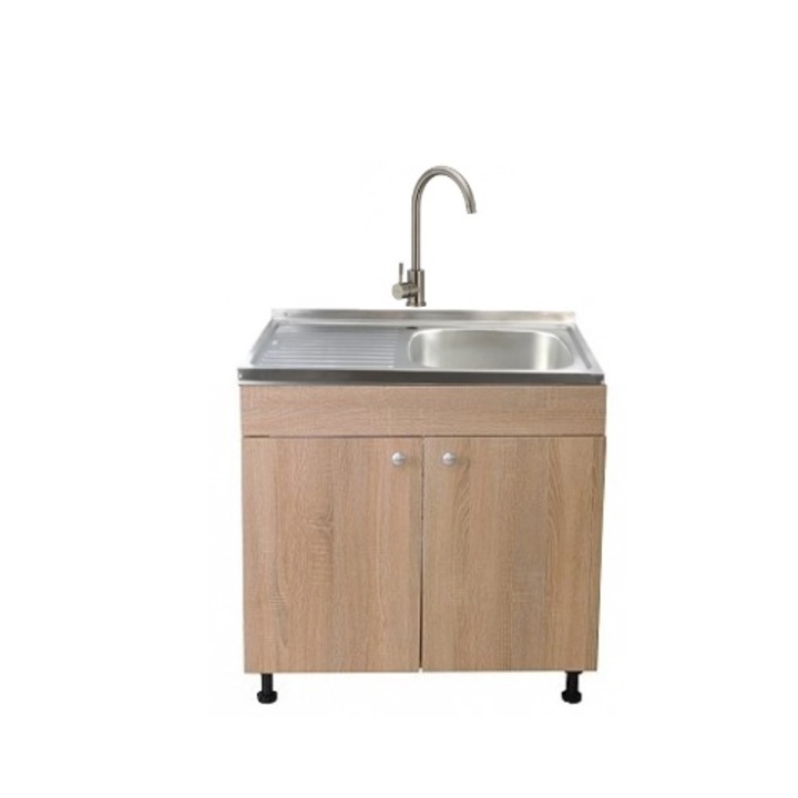 Set Masca Chiuveta Sonoma 80 cm X 50 cm X 80 cm, chiuveta inox cuva dreapta, baterie inox rotunda si sifon scurgere