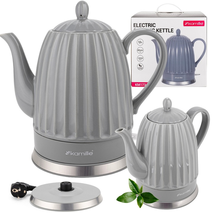 Ceainic electric ceramic Kamille, 1500W, 1.5L, gri, fara fir, baza rotativa 360°