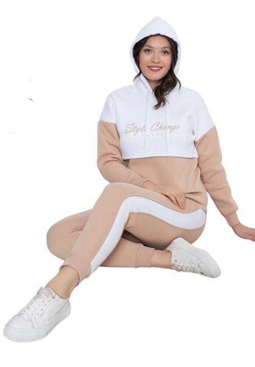 Trening Dama Premium Vatuit, Tesatura Groasa 3 Fire, Bumbac, Gluga si Snur, Bej