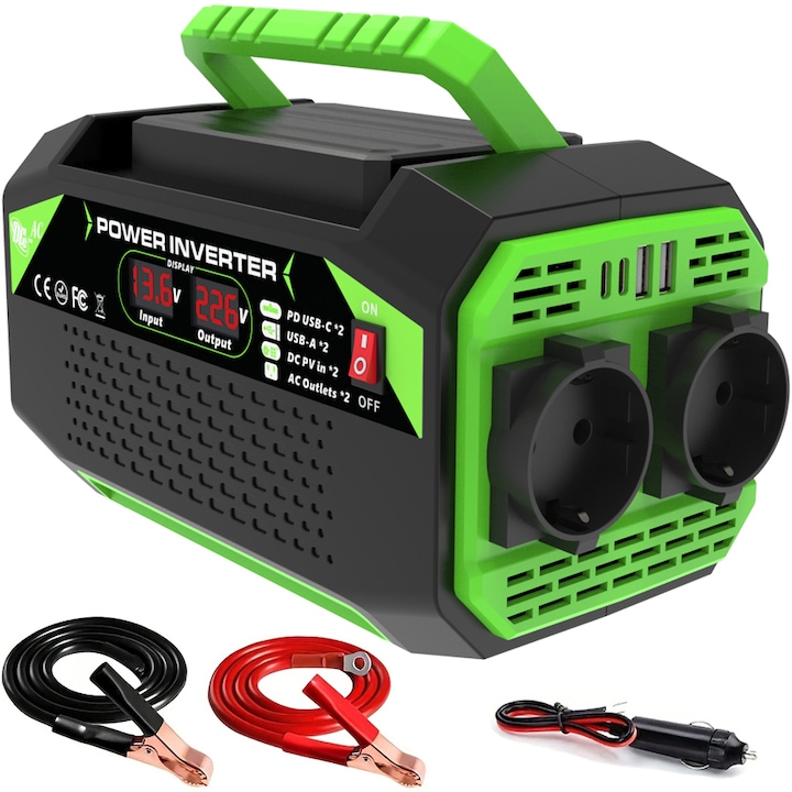 Инвертор за кола 12V, изходно напрежение 220V, двойни контакти ЕС AC, ТИП C и USB, изходна мощност 600W, максимална мощност 1200W, запалка за кола, с интерфейс за скоба за батерия, HouDeOS®, черен и зелен