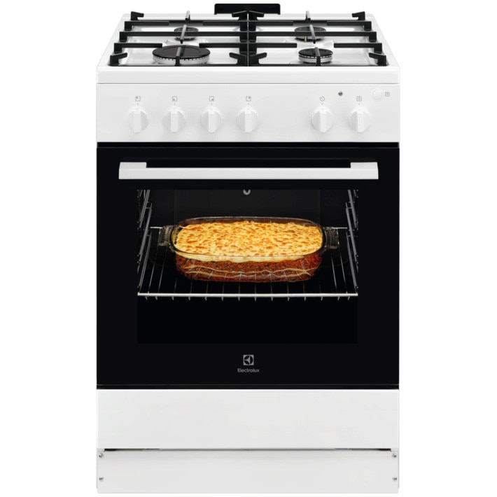 Aragaz Electrolux LKG604013W, Gaz, 4 arzatoare, Autocuratare Catalitica, Timer mecanic, Aprindere integrata plita si cuptor, Grill Electric, Rotisor, Iluminare cuptor, 60 cm, Alb