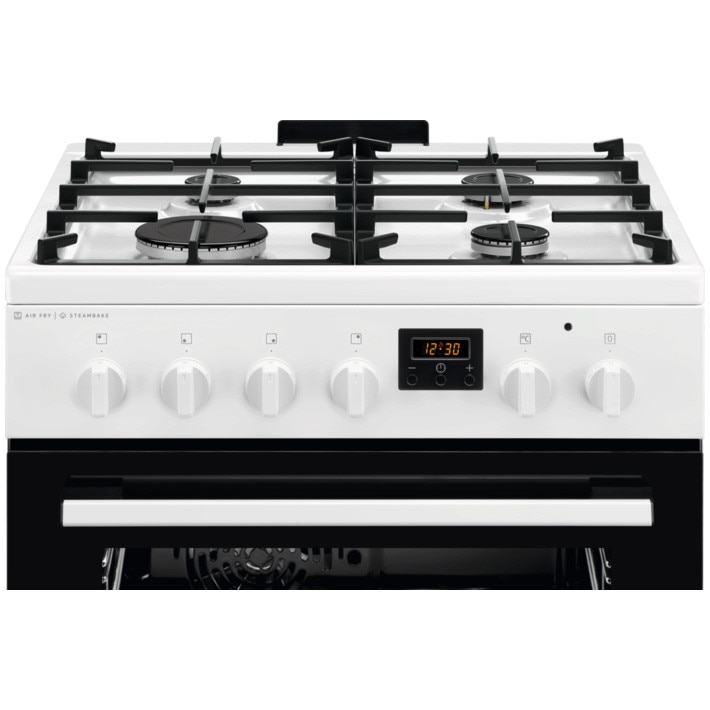 Aragaz Electrolux LKK664220W, Mixt, 4 arzatoare, SteamBake-gatire cu abur; AirFry, Autocuratare Catalitica, Timer mecanic, Aprindere integrata plita si cuptor, Grill Electric, Rotisor, Iluminare cuptor, 60 cm, Alb