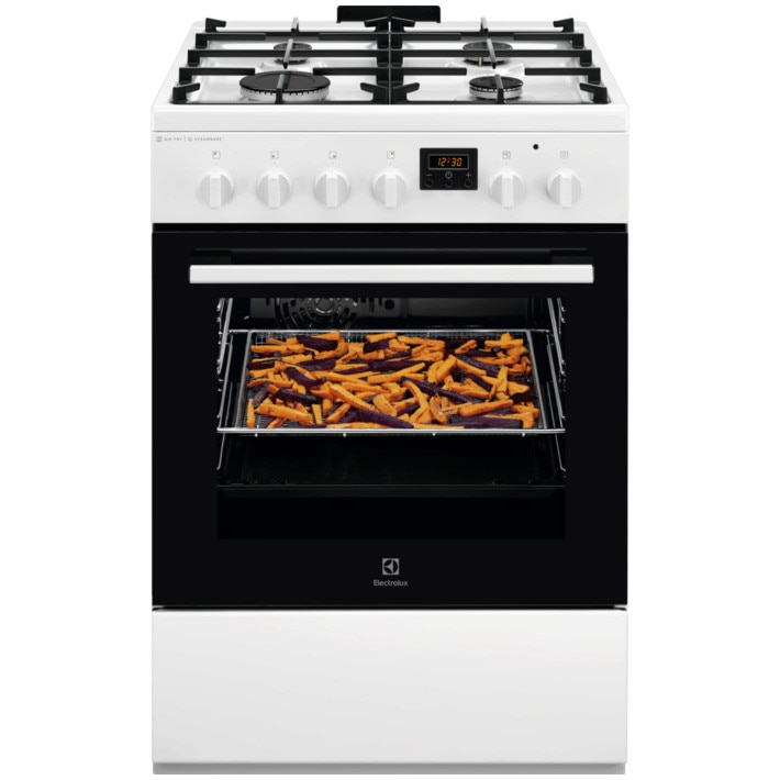 Aragaz Electrolux LKK664220W, Mixt, 4 arzatoare, SteamBake-gatire cu abur; AirFry, Autocuratare Catalitica, Timer mecanic, Aprindere integrata plita si cuptor, Grill Electric, Roti