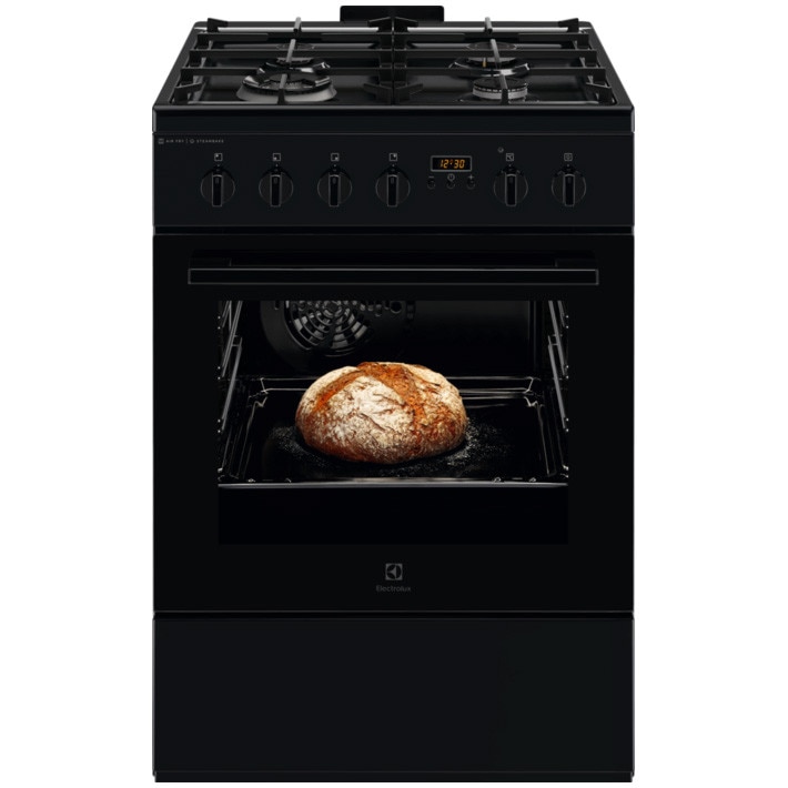 Aragaz Electrolux LKK664220K, Mixt, 4 arzatoare, SteamBake-gatire cu abur; AirFry, Autocuratare Catalitica, Timer mecanic, Aprindere integrata plita si cuptor, Grill Electric, Roti