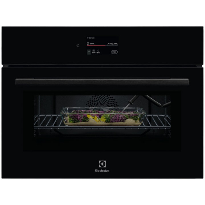 Electrolux LVL9E2XZ beépíthető elektromos sütő, 44 l, Mikrohullámú funkció, Mikrohullámú teljesítmény 1000 W, TFT Aktív, WI-FI csatlakozás, 90 előre beállított program, 3 rétegű üvegajtó, Grill, Főzőszenzor, 2 zománcozott tálca + 1 grill, Fekete üveg
