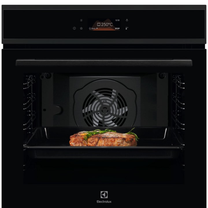 Фурна за вграждане Electrolux EOF8H39H, 72 л, 99 предварително зададени програми, Дигитален дисплей, Сензорно управление, 3-слойна стъклена врата, Грил, Конвекция, Енергийна ефективност клас A+, Черно стъкло с метална вложка