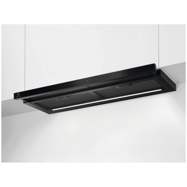 Hota incorporabila telescopica Electrolux LFP819K, 90 cm, 1 motor, 3 viteze+intensiv, Panel frontal de sticla, Control electronic, Conectivitate plita, Functie Breeze, Perfect Illumination, 4 filtre de aluminiu lavabile, 650 mc/h, Negru