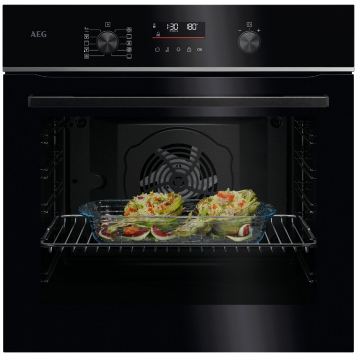 Фурна за вграждане AEG TU5PB431SB, Електрическа, 72 л, Wi-Fi свързаност, Пиролитично самопочистване 3 режима, 45 предварително зададени програми, Цифров дисплей, Грил, Телескопични водачи на 1 ниво, Сензор за готвене, Енергиен клас A++, Черно стъкло