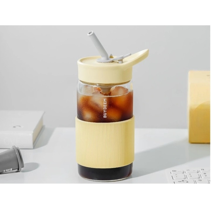 Buydeem CD1017-MY hordozható italtartó palack, 500 ml, beépített szívószál, szivárgásmentes, hőálló üveg 150°C-ig, BPA-mentes, sárga