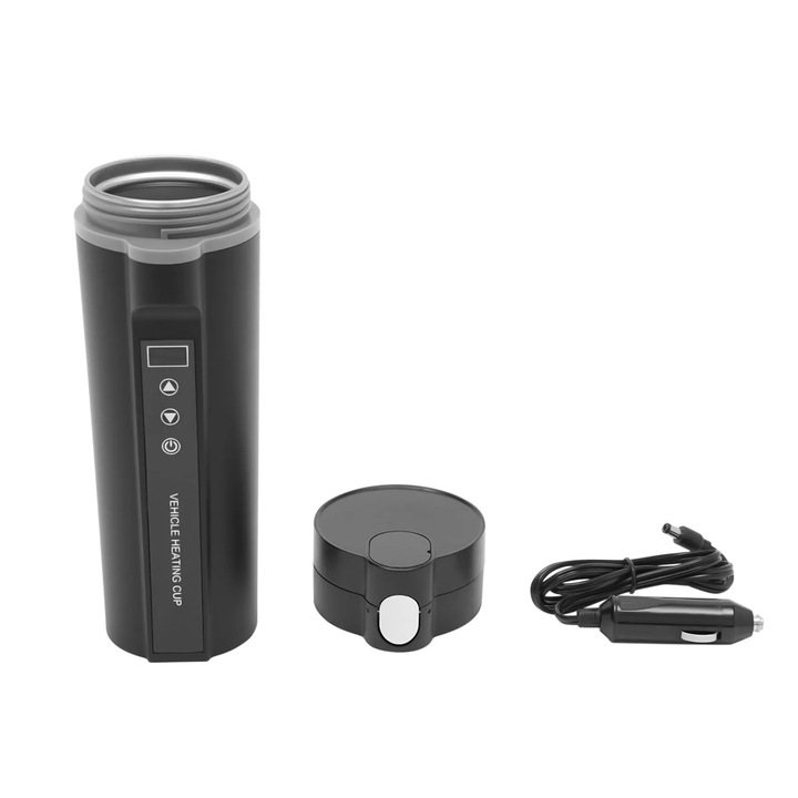 Преносима електрическа кана, Кана за кола, Напрежение 24V DC, Обем 300–500 ml, Интериор от неръждаема стомана 304, Бързо загряване, Без BPA, Черна