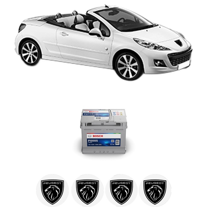 Baterie Acumulator 62 Ah 12 V 550 A PEUGEOT 207 CC (WD_) 1.6 HDi din 2009-2013 KW 82 CP 112 CMC 1560, auto, Bosch, 4x Stickere auto cu PEUGEOT