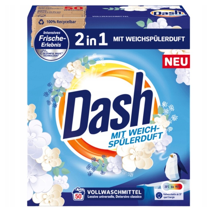 Detergent universal praf Dash 2in1, 3kg, 50 spălări, alb, eficient la 20-95°C