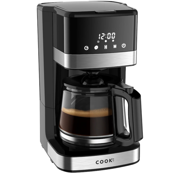 COOK-IT Cafetiera cu filtru – 1,5L recipient sticla (12 cesti) – Intensitate cafea ajustabila – Functie timer & afisaj digital – Functie mentinere la cald & placa de incalzire – Sistem anti-picurare – Design negru/inox
