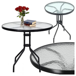 Masa rotunda de cafea eBA, 60 cm, sticla securizata, cadru metalic negru – Ideala pentru balcon, terasa si gradina