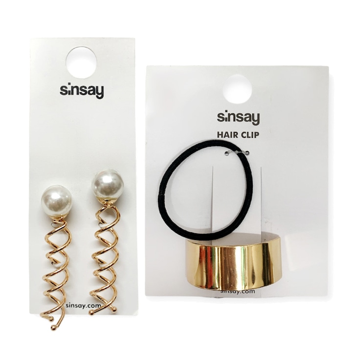 Sinsay haj kiegészítő szett *3622012 16121-27, 2 darab, 2 arany színű hajcsat gyöngyökkel + hajcsat gumiszalaggal, Fekete/Arany