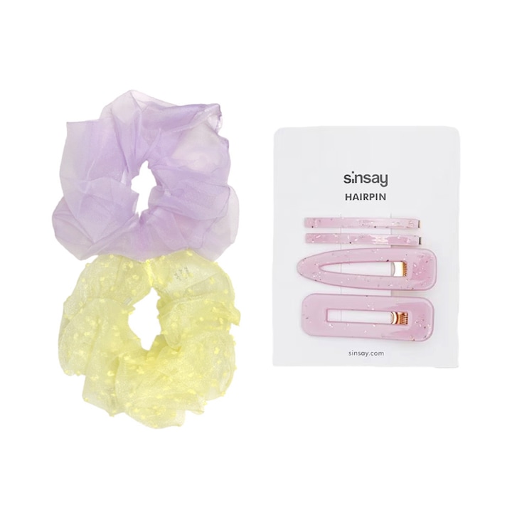 Sinsay haj kiegészítő szett *2913416 16121-27, 2 db hajgumi + 4 db hajcsat, Lila/Sárga