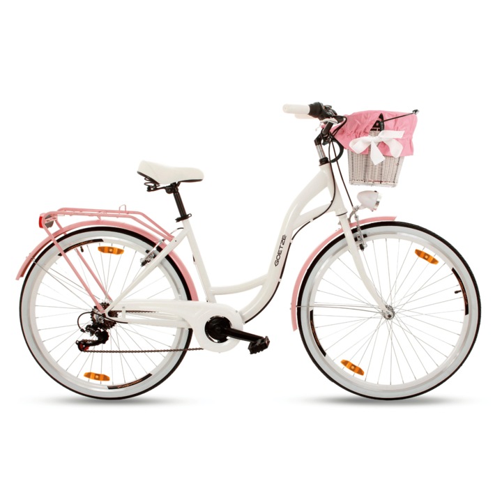 Bicicleta de oras Goetze Mood 28", cadru otel 18", design retro, frane V-Brake, 7 viteze Shimano Tourney, cos pe ghidon, Alb