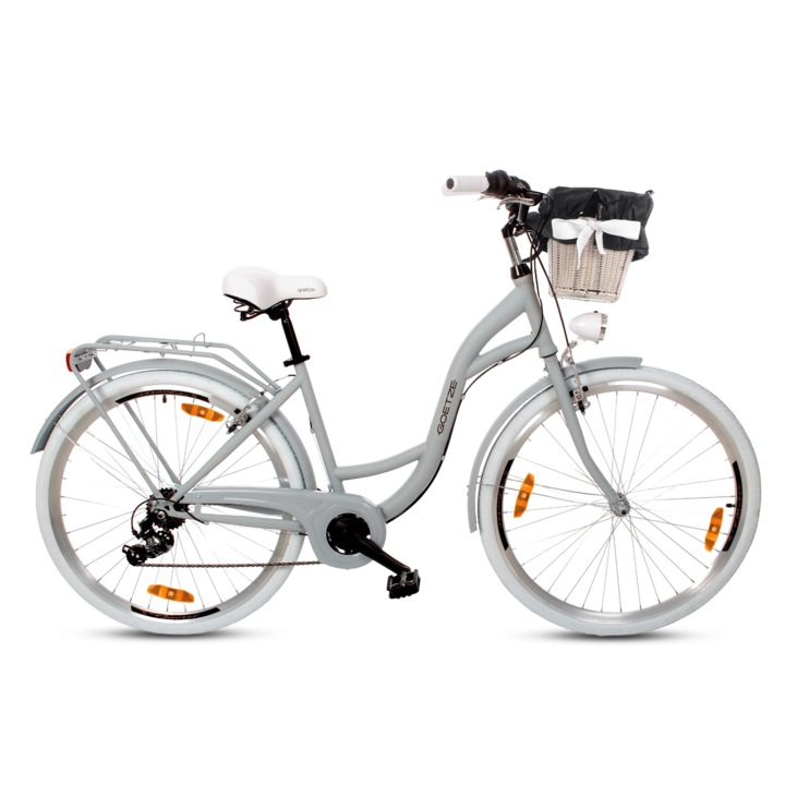 Bicicleta de oras Goetze Mood 28", cadru otel 18", design retro, frane V-Brake, 7 viteze Shimano Tourney, cos pe ghidon, Gri