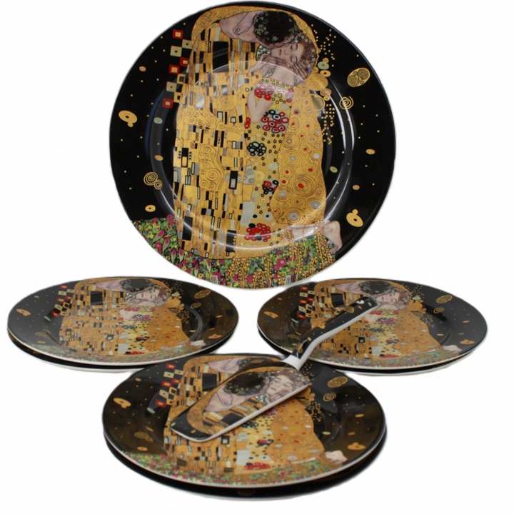 Klimt csontporcelán tortakészlet – 27 cm-es tányér + 6 db 19 cm-es desszerttányér + 23 cm-es spatula, fekete-arany, ajándék művészetkedvelőknek