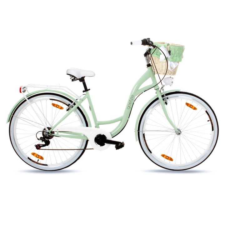 Bicicleta de oras Goetze Mood 28", cadru otel 18", design retro, frane V-Brake, 7 viteze Shimano Tourney, cos pe ghidon, Verde Fistic