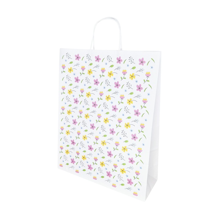 Set 200 bucati Pungi Hartie Model 8 Floral, 32 x 41 x 12cm, kraft Alb